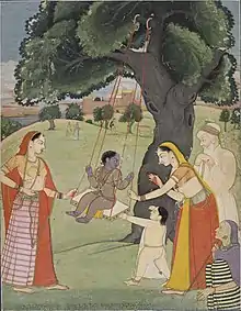 Krishna enfant sur une balançoire