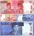 Coupures de 100 000 et 50 000 rupiah représentant respectivement Soekarno et Hatta et Ngurah Rai