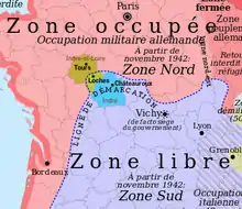 Carte de France montrant le tracé de la ligne de démarcation.