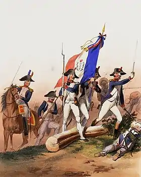 Infanterie de ligne française, 1793. De gauche à droite : officier supérieur, soldats des compagnies du centre, sergent de grenadiers et officier subalterne.