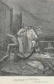Phlégias faisant traverser le Styx à Virgile et Dante dans la Divine Comédie. Gravure de Gustave Doré, 1861.