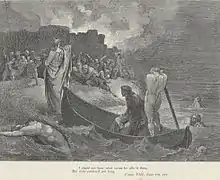 Virgile et Dante débarquant du bateau de Phlégias dans la Divine Comédie. Gravure de Gustave Doré.