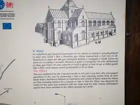Reconstitution axonométrique d'un monastère sur un panneau d'information