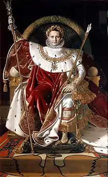 Peinture représentant Napoléon sur le trône impérial.