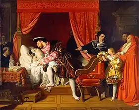 Peinture représentant un homme mourant dans un lit soutenu par un autre et entouré par plusieurs personnes dont un enfant.