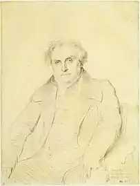 Ingres, étude pour le portrait de monsieur Bertin. Premier dessin à montrer la pose définitive qui sera adoptée dans le tableau, le caractère massif de l'attitude de Bertin n'est pas encore marqué.