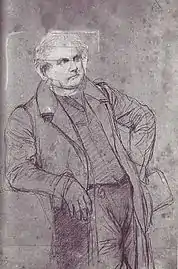 Ingres, étude pour le portrait de monsieur Bertin. Ce dessin montre une première idée de l'artiste, le modèle est représenté debout.