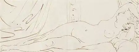 Ingres, dessin de mémoire représentant La Dormeuse de Naples figurant au verso d'une lettre adressée à Caroline Murat en 1832 (Bibliothèque nationale, département des manuscrits).