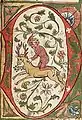 Lettrine enluminée D, représentant un homme sauvage chevauchant un cerf, Bible, Allemagne (1441-1449).