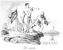 Dessin en noir et blanc d'une jeune dame en robe blanche, au pied d'un volcan, chassant avec son bras et un bâton un homme portant un masque traditionnel napolitain