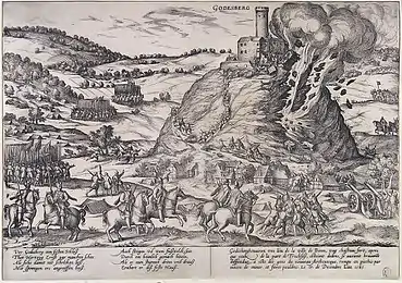 Gravure illustrant une bataille autour d'une forteresse.