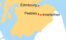 Carte du sud de l'Écosse avec 3 villes : Édimbourg, Peebles (au sud d'Édimbourg) et Innerleithen (tout près de Peebles, à l'est).