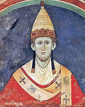 Peinture à dominante rouge, bleue et jaune représentant le buste d'un prélat équipé d'ornements liturgiques catholiques.