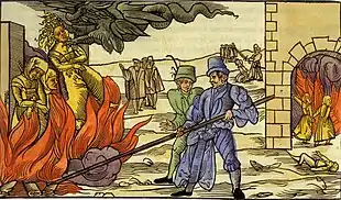 Gravure médiévale montrant deux hommes attisant un bûcher sur lequel brûlent trois femmes. L'une d'elles est saisie par un dragon qui sort d'un nuage.