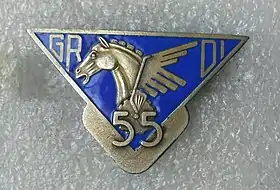 Insigne présentant un triangle versé azur chargé d'une tête de cheval ailée dorée, encadrée par les inscriptions GR et DI et en pointe le numéro 55.