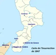 Carte représentant la pointe sud de l'Italie avec l'ouest de la Sicile sur laquelle sont placées les villes de Cosenza, Catanzaro, Palmi, Reggio de Calabre, Messine ainsi que le district de Gerace