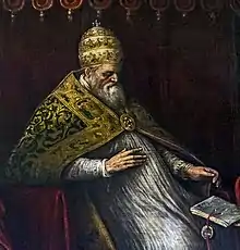 peinture représentant un vieux prélat coiffé d'une tiare pontificale et assis sur un trône