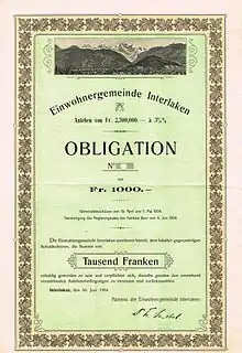 Obligation de l'Einwohnergemeinde Interlaken du 30 juin 1904.