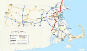 Le parcours de l'Interstate 95 dans l'État du Massachusetts, surligné en rouge