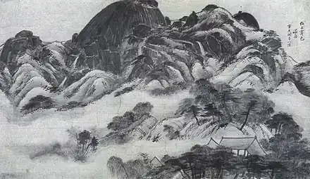 Le mont Inwang après la pluie. Jeong Seon (Chong Son), 1676-1759. Encre sur papier, 1751. H 79 x L 138 cm. Musée d'art Ho-Am