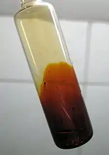Liquide rouge sombre surmonté d'un gaz plus clair dans une ampoule de verre