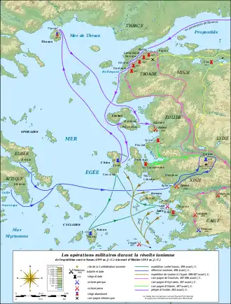 Carte décrivant les événements de la révolte de l'Ionie