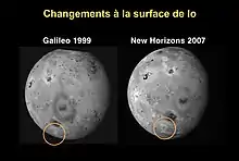 Deux images de Io avec une vue similaire sont mises côte à côte. Un cercle jaune entoure une zone ayant changé d'apparence entre les survols.