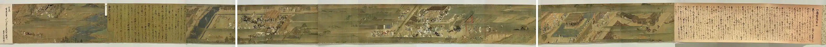 L'exemple d'un rouleau complet d'un emaki, la Biographie illustrée du moine itinérant Ippen (rouleau VII, 1299, musée national de Tokyo). Sens de lecture de droite à gauche. Traditionnellement, le lecteur ne déroule jamais entièrement le rouleau, mais le déroule d’une main tout en le ré-enroulant de l’autre, découvrant ainsi l’histoire au fur et à mesure.