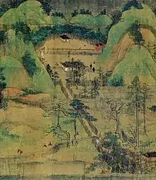 Paysage du mont Koya strictement proportionné, sauf pour les personnages, et proche du shanshui chinois. Biographie illustrée du moine itinérant Ippen, 1299.