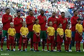 Harit (premier à gauche) lors de l'hymne nationale du Maroc en Coupe du monde 2018.