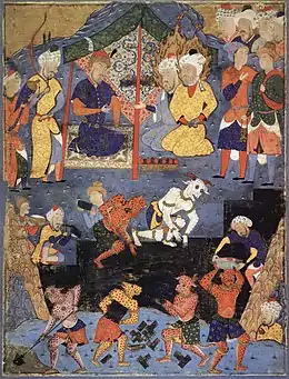 Miniature représentant Dhû-l-Qarnayn construisant un mur contre Gog et Magog
