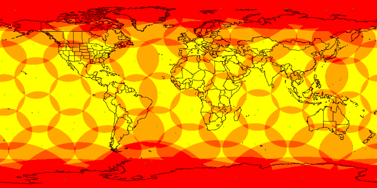 Couverture téléphonique des satellites Iridium circulant en orbite basse sans obstacle (pas de contrainte d'élévation) (jaune : 1 satellite visible, orange : 2 satellites visibles, rouge plus de 2 satellites)