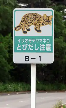Panneau de signalisation avec un Chat d'Iromote et une inscription en japonais.