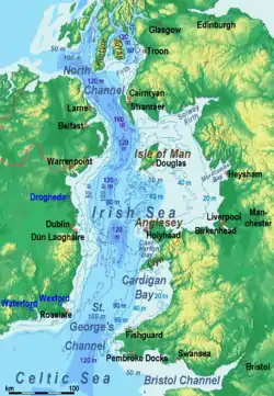 Carte de la mer d'Irlande avec le canal du Nord en haut, et le détroit de Moyle à l'endroit le plus étroit.