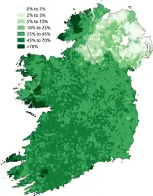 Carte d'Irlande montrant la répartition des irlandophones en 2011.
