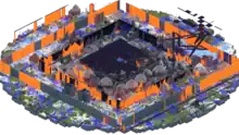 An aerial render of 2b2t's spawn region as of June 2019, displaying severe amounts of destruction and modification carried out to the terrain