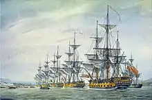 Peinture montrant une file de bateau dont le HMS Preston assistant a l'attaque de Rhode Island, le 8 décembre 1776, par Irwin John Bevan