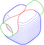 Intersection de la surface d'équation 
          x
            4
        +
          y
            4
        +
          z
            4
        =
        1
    {\displaystyle x^{4}+y^{4}+z^{4}=1}
 avec un cylindre : cas avec un point singulier