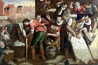 La Suppression de la laine des peaux et le peignage, huile sur toile de Isaac Claesz van Swanenburg, 1595.