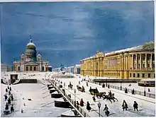 En arrière-plan, la cathédrale Saint-Isaac ; devant, le cavalier de bronze et la Neva gelée (1840).