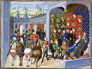 Charles VI et Isabeau de Bavière durant le traité de Troyes.Chroniques de Jean Froissart, British Library, Harley 4380, fo 40, vers 1470-1472.
