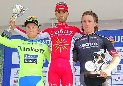 Podium de l'édition 2015 du Grand Prix d'Isbergues : Michal Kolář (2e), Nacer Bouhanni (1er) et Shane Archbold (3e).