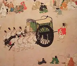 dessin d'un chariot tracté par un bovin noir encadré de huit hommes marchant au pas.