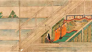 Murasaki Shikibu en retraite au temple d'Ishiyama-dera. Rouleaux illustrés de l’histoire du Ishiyama-dera, rouleau 4, section 1, 1497.