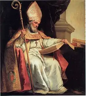 Peinture représentant un vieil homme assis portant une crosse à la main et une mitre sur la tête