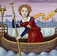 Dame en costume médiéval tenant une rame dans un bateau.