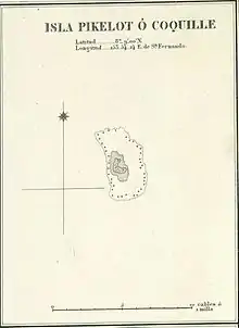 Page d'un ouvrage représentant une île et, indiquées au-dessus, son nom et ses coordonnées.