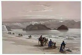 Une caravane de commerce passant l'île de Graia dans le golfe d'Aqaba, en Arabie pétrée, lithographie de Louis Haghe d'après un original de David Roberts, 1839.