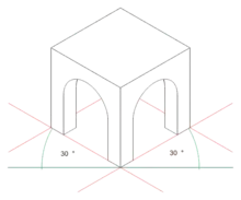 Schéma géométrique d'une construction architecturale simple représentée en perspective isométrique, sur lequel est précisée la taille des angles utilisée pour aboutir à cette représentation.