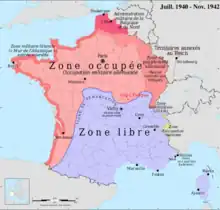 Carte de France représentant la zone libre au sud et la zone occupée au nord, Issy-L'Évêque étant juste au nord de la ligne